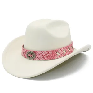 Detailed view of white western cowgirl hat featuring pink woven band and silver buckle.