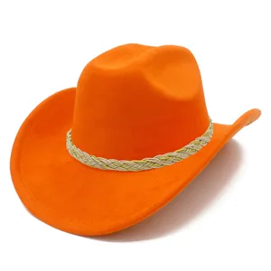 Detail close-up of the stylish orange suede western cowboy hat with a braided hat band.