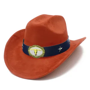 Classic suede western cowboy hat with cow skull buckle and metal star studs for men women.