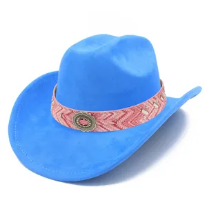Detailed view of the blue bohemian fedora hat with pink patterned band and metal buckle.