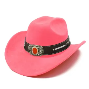 Pink suede western cowboy hat with ornate decorative buckle wide brim jazz sun hat for adults