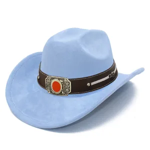 Light blue suede western cowboy hat featuring a dark brown decorative band and vintage gold buckle.