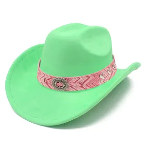 Vibrant green fedora jazz hat with a pink patterned band and vintage metal buckle for style.