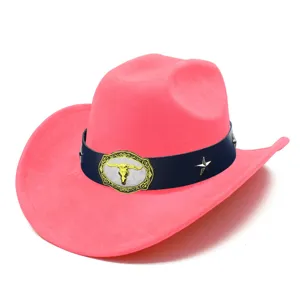 Pink suede western cowboy hat with bull skull buckle and star studs for men and women.