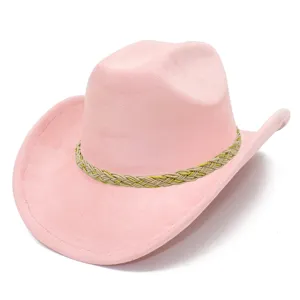 Pink suede western cowboy hat jazz hat detail view, stylish wide rolled brim design for women.
