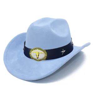 Detailed view of light blue suede western cowboy hat with metal bull skull buckle and stars.