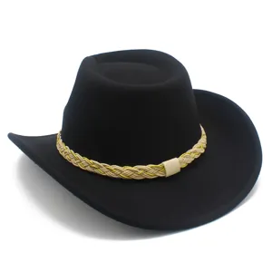 Close-up of the exquisite braided beige and gold rope hatband on the black cowboy hat.