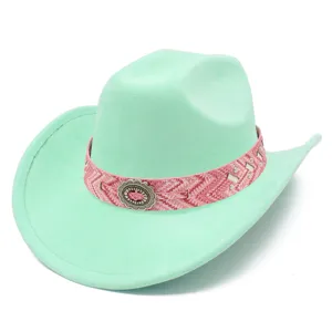 Close-up of the mint green felt cowboy hat featuring a pink boho patterned band and metal buckle.