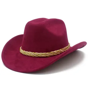 Burgundy western cowboy hat with braided hatband, wide rolled brim faux suede jazz dress hat.