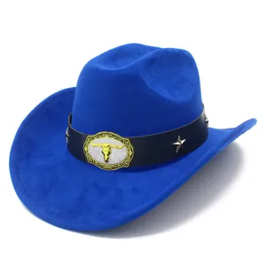 Blue suede western cowboy hat with metal bull skull buckle and star studs for men women.