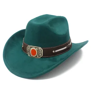 Close-up detail view of the green suede western cowboy hat featuring a brown band and gold buckle.