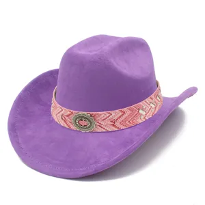 Purple western cowboy hat detail, pink woven band with vintage metal buckle accent.