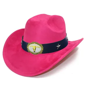 Pink suede western cowboy hat with blue band and bull skull buckle for men and women stylish