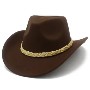 Brown western cowboy hat with braided beige gold band, wide brim adult outdoor jazz sun hat.