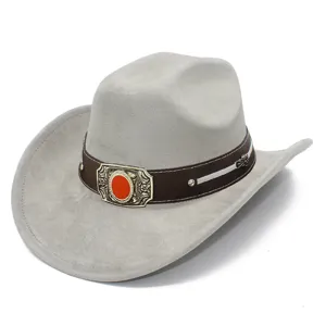 High quality grey suede western cowboy hat with brown leather buckle band, detail view.