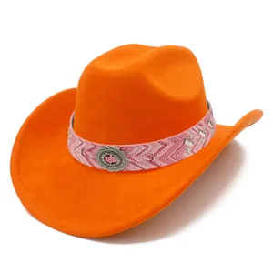 Orange western cowboy hat with pink bohemian band and metal buckle for women and men.