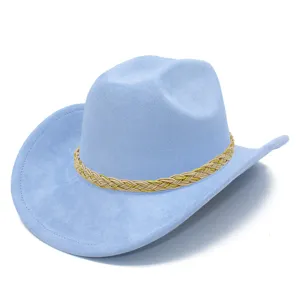 Light blue faux suede cowboy hat detail showing soft texture and woven band trim.