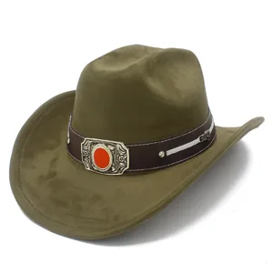 Detailed view of olive green suede western cowboy hat with brown band and metal buckle for sun.
