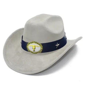 Grey suede western cowboy hat detail showing dark blue band with golden bull skull buckle.