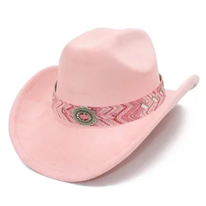 Pink suede cowboy hat detail, bohemian woven band, silver buckle, wide brim fashion style.