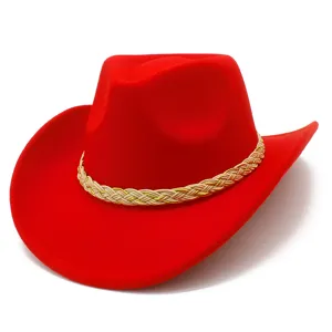 Red cowboy hat detail view, wide brim western style jazz hat for daily outdoor wear.