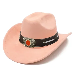 Pink suede western cowboy hat with brown leather band and vintage metal buckle for adults.