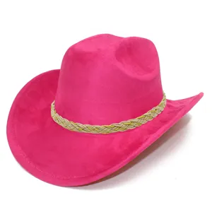 Pink suede western cowboy hat with braided hat band, stylish wide brim fashion accessory.