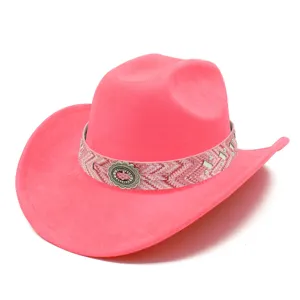 Pink western cowboy hat stylish wide brim jazz hat vintage bohemian style felt hat for women