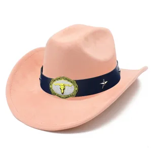 Pink faux suede cowboy hat detail featuring bull skull buckle and star studs western style.