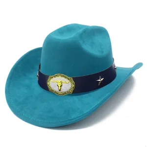 Turquoise faux suede western cowboy hat with bull skull buckle and star studs for men women