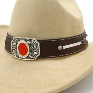 Close-up detail view of western cowboy hat featuring brown belt and ornate red buckle decor.
