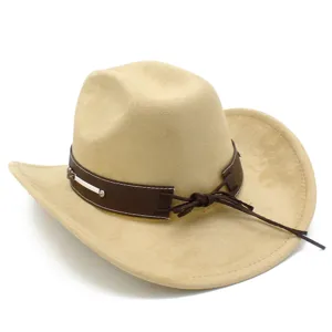 Beige suede cowboy hat with brown leather band wide brim stylish western sun hat for adults.