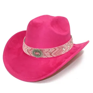 Pink Western Cowboy Hat Bohemian Style Wide Brim Jazz Hat Party Fedora Costume Hat For Women