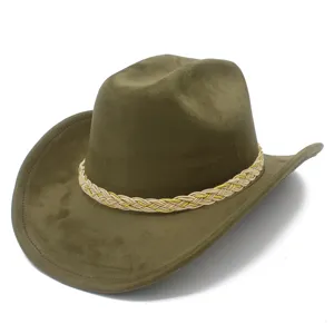 Detailed view of the olive green suede cowboy hat featuring a braided decorative band close up.