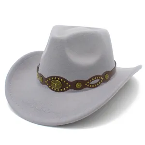 Grey wool felt western cowboy hat with brown leather band, vintage metal studs and bull head.