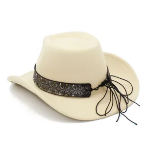 Detailed view of a retro beige felt cowboy hat featuring an embossed leather band with metal rivets.