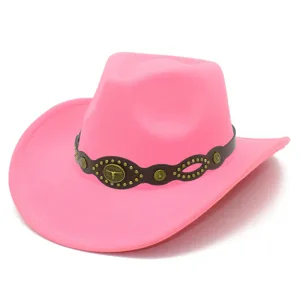 Pink western cowboy hat with brown bull head decorative band and metal studs detail.