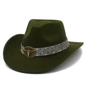 Classic dark green felt western cowboy hat with vintage bull head buckle and detailed band