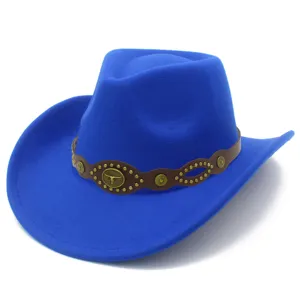 Blue wool fedora cowboy hat with brown leather band and metal bull head stud accessories stylish