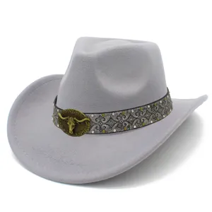 Gray retro western cowboy hat with metal bull skull buckle and vintage pattern band for unisex