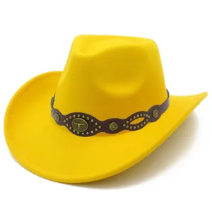 Yellow western cowboy hat with bull head metal badge and leather band for stylish men women.