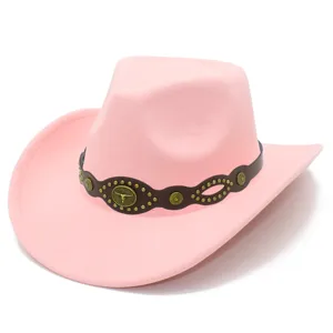 Pink felt western cowboy hat with brown studded band and bull head emblem for women.
