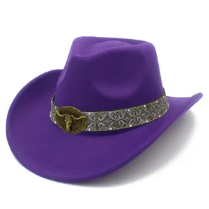 Purple felt cowboy hat with vintage bull head buckle and decorative band for women and men.
