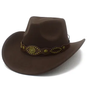 Brown western cowboy hat with metal bull head leather band, stylish retro jazz cap for men women