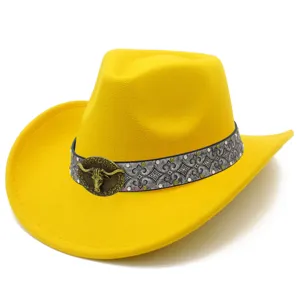 Yellow western cowboy hat with decorative vintage bull head buckle and tribal pattern band.