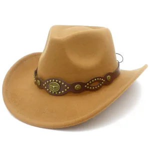 Close-up detail of the vintage brown leather band with metallic studs and bull head emblem.