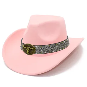 Pink western cowboy hat with retro metal bull skull buckle and decorative patterned band.