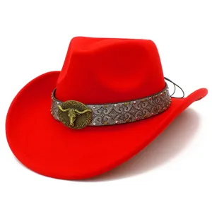 Red Western cowboy hat with vintage bull head buckle and detailed patterned band detail.