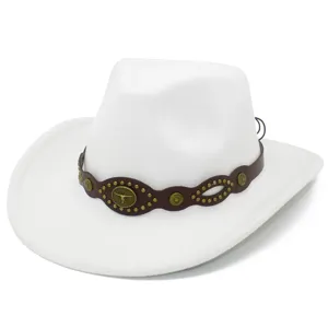 White cowboy hat fedora jazz hat with brown leather band and bull head metal decor detail