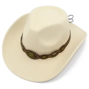 Beige cowboy hat with brown leather band, bull head metal emblem and wide brim fashion style.